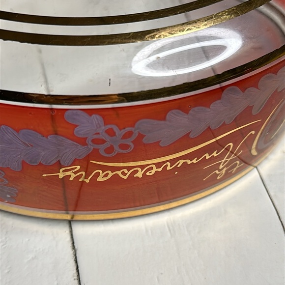 Vintage 40th RUBY ANNIVERSARY Fruit Bowl, Crystal Ruby&Gold Etched Pedestal Dish - Picture 12 of 12